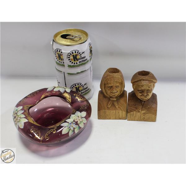 2 WOODEN CARVED CANDLE HOLDERS +