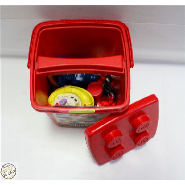 RED LEGO BIN WITH ASSORTED TOYS