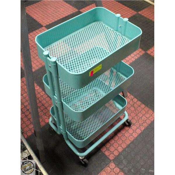 3 TIER TEAL METAL TROLLY CART ON WHEELS