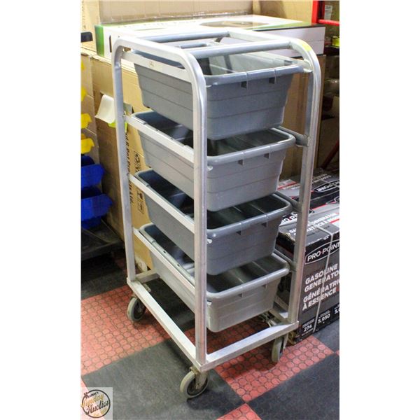ALUMINIUM FRAME PLASTIC BIN SHELF ON WHEELS