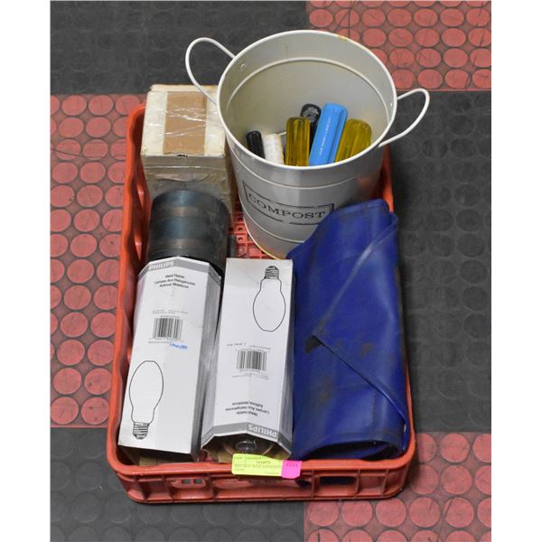 RED TRAY WITH ASSORTED GARAGE ITEMS