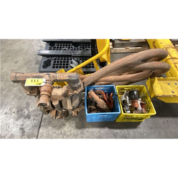 HEAVY DUTY INDUSTRIAL DIAPHRAGM PUMP WITH HOSE & 2 PLASTIC CRATES OF ASSORTED FITTINGS * CRATES