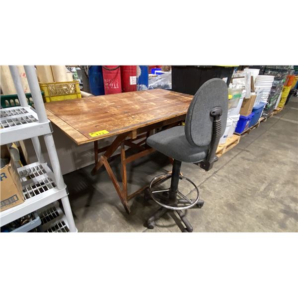 ANTIQUE WOOD 60"W X 36"D ADJUSTABLE DRAFTING STYLE WORK TABLE WITH MOBILE DRAFTING CHAIR