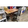 Image 1 : ANTIQUE WOOD 60"W X 36"D ADJUSTABLE DRAFTING STYLE WORK TABLE WITH MOBILE DRAFTING CHAIR