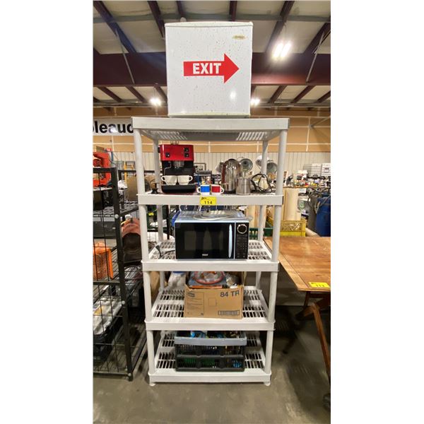 5 TIER PLASTIC STORAGE SHELF WITH RCA MICROWAVE, DANBY MINI FRIDGE, BARISTA ESPRESSO MACHINE,