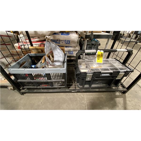 HUSKY PORTABLE TOOLBOX WITH ASSORTED PRINT SHOP TOOLS, PLASTIC CRATE OF ASSORTED GROMMET CLAMPS