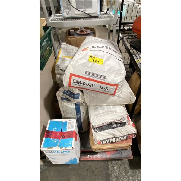 WOODEN MOBILE CART OF ASSORTED CHEMICALS/CONCRETE INCLUDING GYPSNOW, STRUCTO-LITE, CAB-O-SIL,