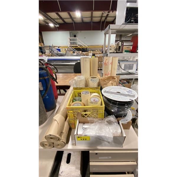 LOT OF ASSORTED ROLLS OF PACKAGING PAPER, PRE MASKING PAPER, TAPE, HOSE & PAINTERS PLASTIC * CRATES
