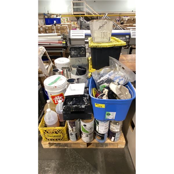 PALLET OF ASSORTED PAINTS, CHEMICALS, DYES, PAINTING ACCESSORIES & ASSORTED PRINT SHOP ITEMS