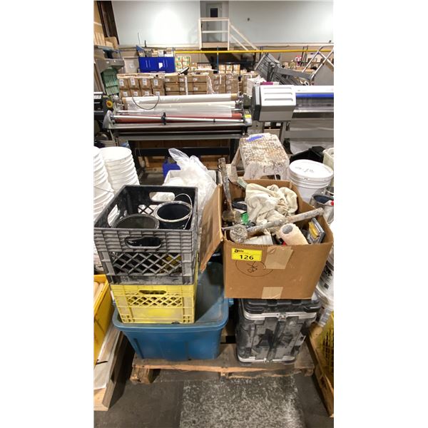 PALLET OF ASSORTED PAINTS, CHEMICALS, DYES, PAINTING ACCESSORIES & ASSORTED PRINT SHOP ITEMS