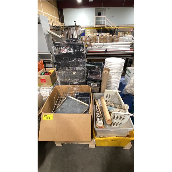 PALLET OF ASSORTED PAINTS, CHEMICALS, DYES, PAINTING ACCESSORIES & ASSORTED PRINT SHOP ITEMS
