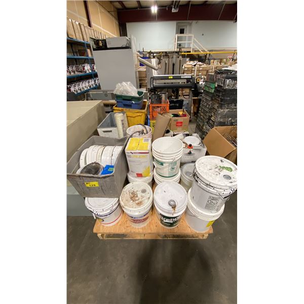 PALLET OF ASSORTED PAINTS, CHEMICALS, DYES, PAINTING ACCESSORIES & ASSORTED PRINT SHOP ITEMS