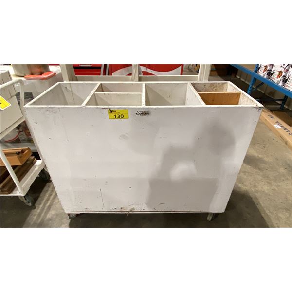 WOODEN MOBILE 6 COMPARTMENT CART WITH CONTENTS