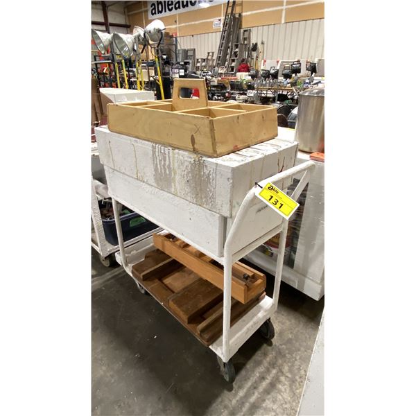 METAL 2 TIER UTILITY CART WITH WOODEN STORAGE CRATES, ASSORTED PAINT, ART STORAGE ORGANIZER & 2