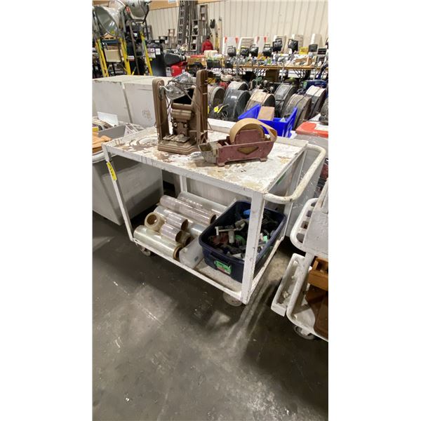 METAL MOBILE UTILITY CART WITH CONTENTS INCLUDING TAPE GUNS, SHRINK WRAP, VINTAGE FILM SPLICER &