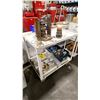 Image 2 : METAL MOBILE UTILITY CART WITH CONTENTS INCLUDING TAPE GUNS, SHRINK WRAP, VINTAGE FILM SPLICER &