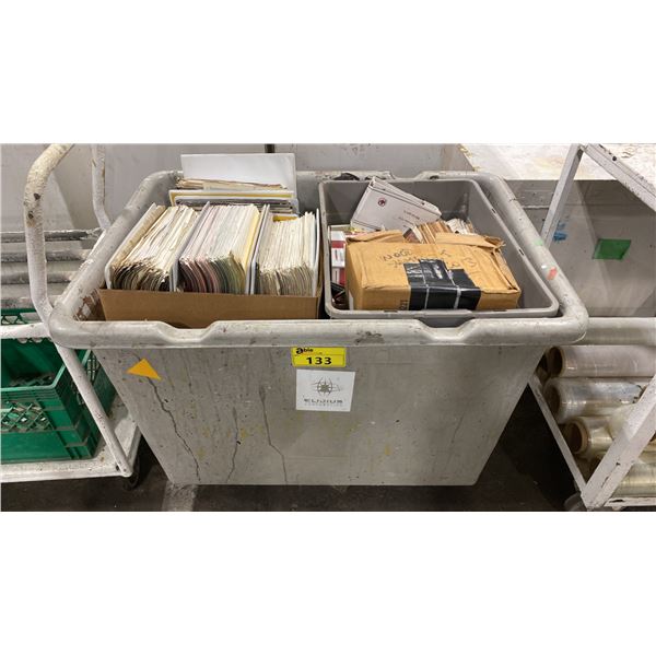 MOBILE PLASTIC BIN WITH ASSORTED WALL PAPER & FLOORING SAMPLES