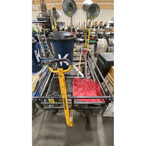 HEAVY DUTY METAL ALL TERRAIN GARDEN WAGON WITH GARBAGE CAN, SHOVEL, PUSH SQUEEGEE & BROOM * WHEEL