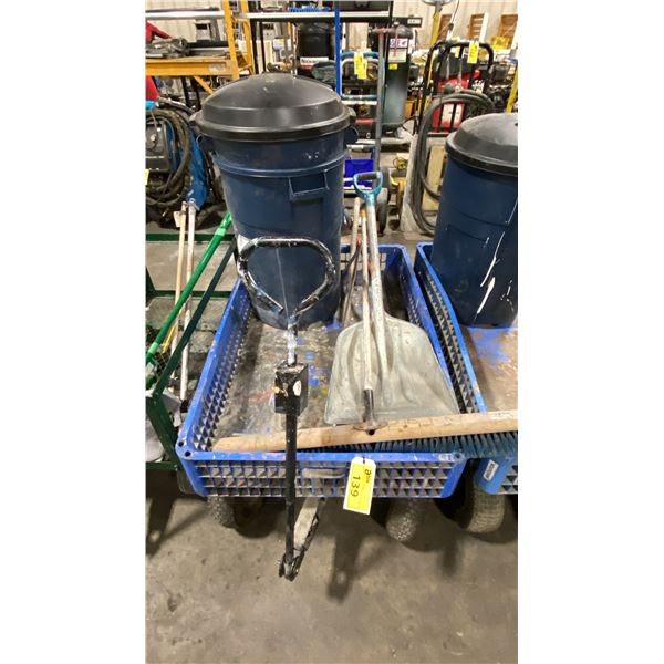 HEAVY DUTY PLASTIC ALL TERRAIN GARDEN WAGON WITH 2 GARBAGE CANS, SHOVEL, PUSH SQUEEGEE & PUSH BROOM