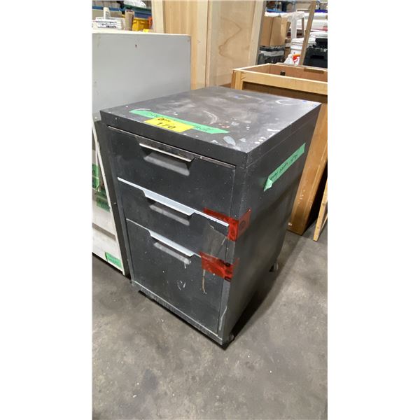 BLACK MOBILE PAINTERS STORAGE CABINET WITH CONTENTS APPROX 27"H X 15.5"W X 20"D
