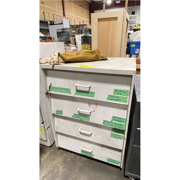 WHITE CABINET OF ASSORTED SPECIAL EFFECTS ITEMS INCLUDING UV PIGMENT, FAKE SNOW, SPRAY GLITTER,