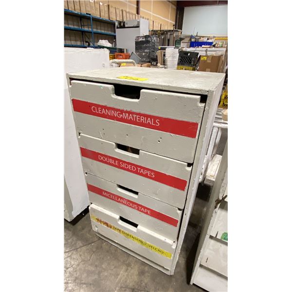 WHITE STORAGE CABINET WITH ASSORTED CONTENTS INCLUDING PARTS, TAPES, VELCRO, TAC RAGS & MORE