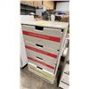 Image 1 : WHITE STORAGE CABINET WITH ASSORTED CONTENTS INCLUDING PARTS, TAPES, VELCRO, TAC RAGS & MORE