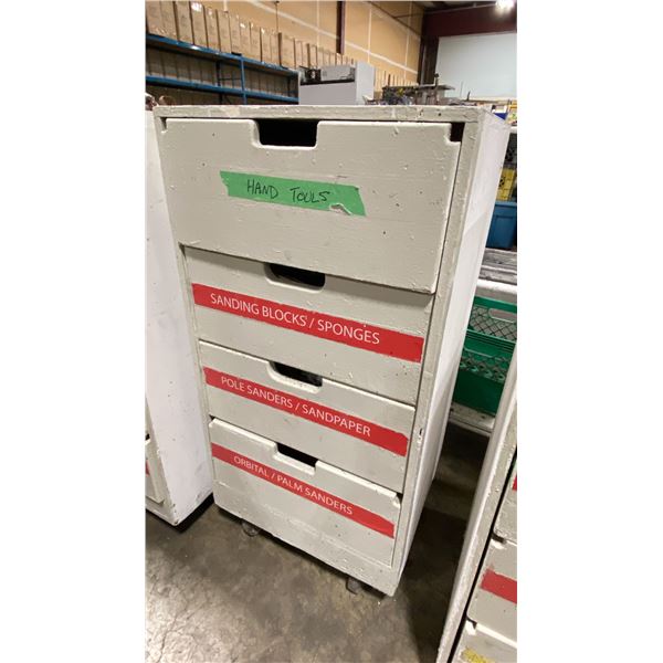 WHITE MOBILE STORAGE CABINET WITH ASSORTED CONTENTS INCLUDING SANDING BLOCKS, SANDING PAD
