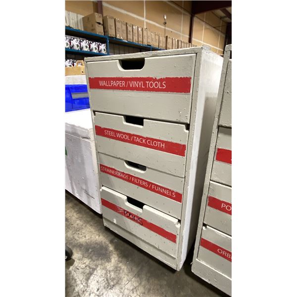WHITE MOBILE STORAGE CABINET WITH ASSORTED CONTENTS INCLUDING CHEESE CLOTH, STEEL WOOL, FILTER