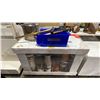 Image 1 : MOBILE STORAGE TABLE WITH ASSORTED PAINTS, STOCK POT, ASSORTED PARTS & GRINDING/SANDING DISCS