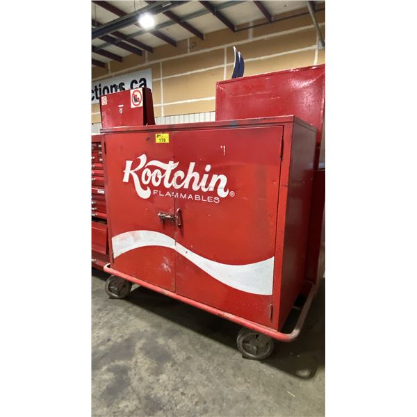 LARGE RED METAL MOBILE 2 DOOR INDUSTRIAL FLAMMABLE CABINET FULL OF ASSORTED PAINT CONTENTS