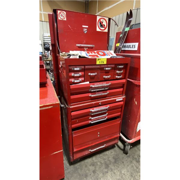 RED MOBILE TOOL STORAGE CHEST WITH ASSORTED ART SUPPLIES INCLUDING CHALK PENS, PAINT BRUSHES,