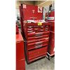 Image 1 : RED MOBILE TOOL STORAGE CHEST WITH ASSORTED ART SUPPLIES INCLUDING CHALK PENS, PAINT BRUSHES,
