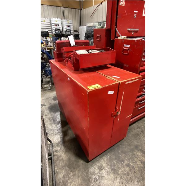 WOODEN MOBILE FOLDING STORAGE BOX WITH 2 METAL TOOL BOXES WITH ASSORTED TOOL CONTENTS