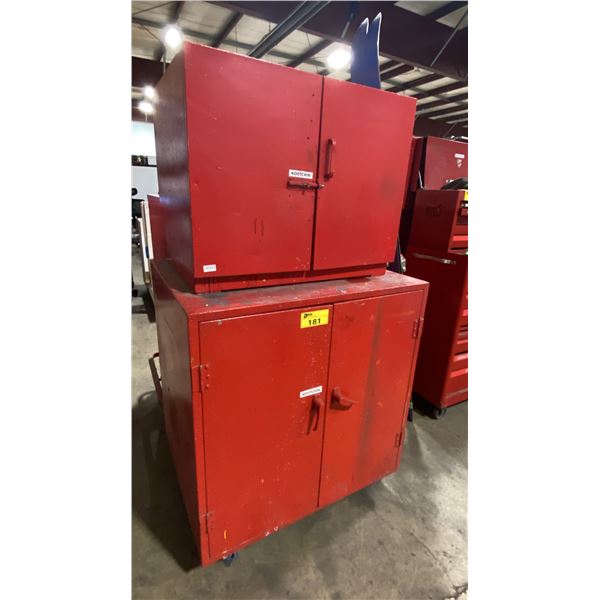 RED METAL MOBILE FLAMMABLE CABINET WITH ASSORTED CHEMICALS & PAINTS