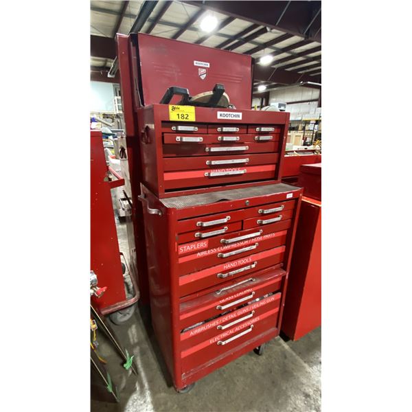 RED TOP CABINET 9 DRAWER, BOTTOM CABINET 10 DRAWER MOBILE TOOL STORAGE CHEST WITH ASSORTED TOOL