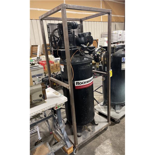 ROCKWORTH CLASSICAIR BLACK INDUSTRIAL VERTICAL AIR COMPRESSOR ON METAL MOBILE COMPRESSOR CART