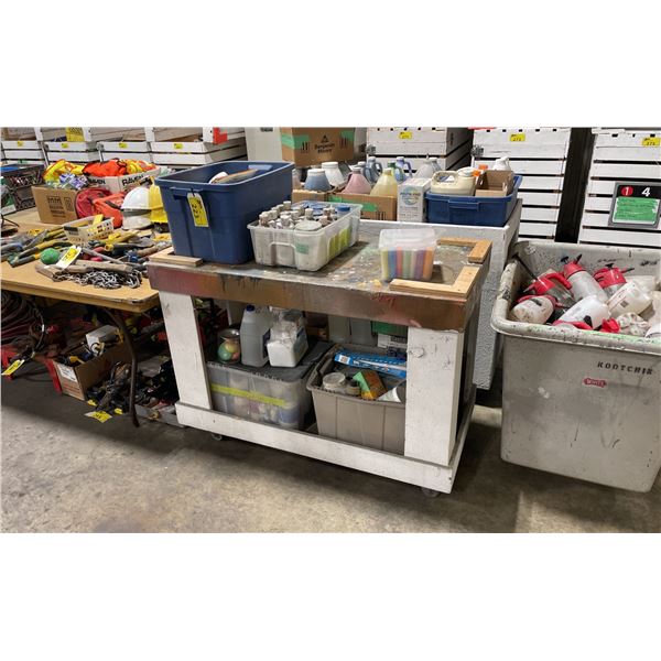 WOODEN 2 TIER MOBILE PRODUCT CART WITH ASSORTED PRINT SHOP DYES / PAINT / CHEMICALS *MOBILE CART