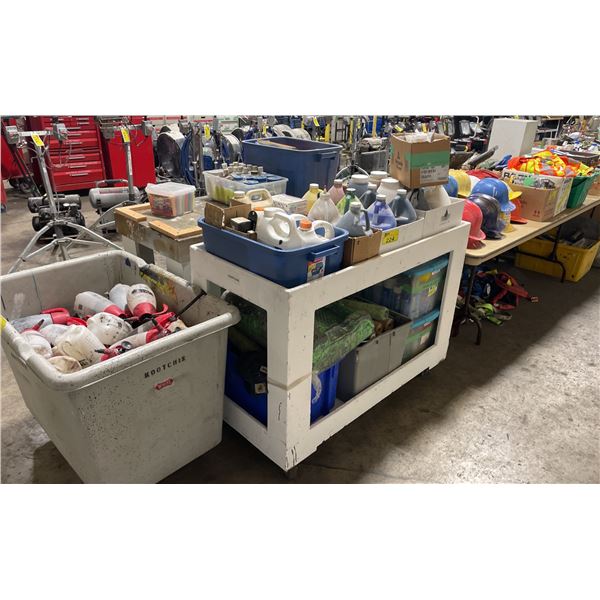 WOODEN 2 TIER MOBILE PRODUCT CART WITH ASSORTED PRINT SHOP DYES / PAINT / CHEMICALS *MOBILE CART