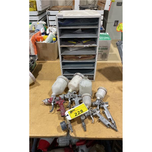 4 PNEUMATIC HAND HELD PAINT SPRAYER GUNS WITH WOODEN SANDPAPER RACK & CONTENTS