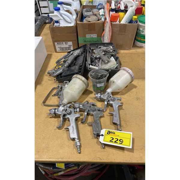 ASSORTED PNEUMATIC HAND HELD PAINT SPRAYER GUNS WITH BLACK TOOL BOX OF PAINT SPRAYER PARTS