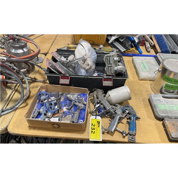 4 PNEUMATIC HAND HELD PAINT SPRAYER GUNS WITH TOOLBOX OF ASSORTED PAINT SPRAYER PARTS