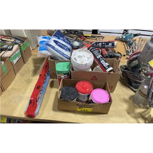 BOXES OF ASSORTED POLISH, PAINT PRODUCTS, PAINT SPRAYER TIPS, HILTI SPRAY GUNS & HILTI WINDOW /
