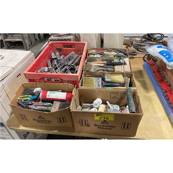 5 BOXES OF ASSORTED COMMERCIAL PAINT BRUSHES & PLASTIC CRATE OF PAINT ROLLERS *PLASTIC BIN INCLUDED*