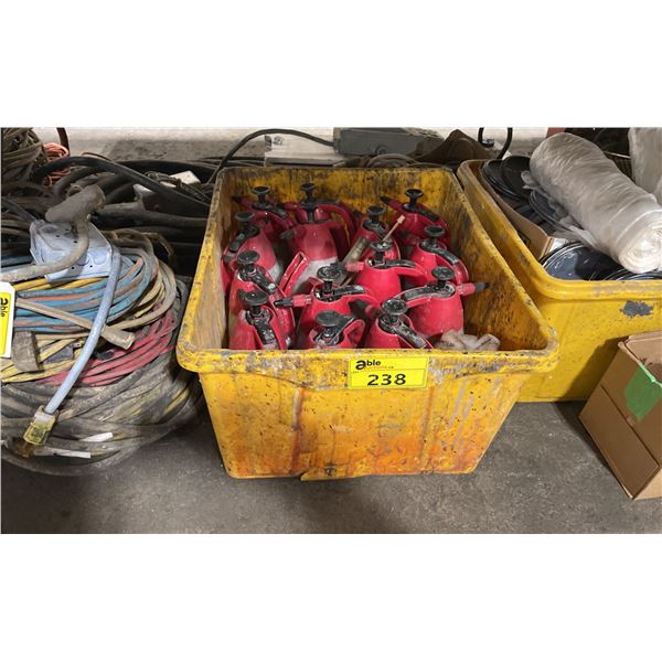 YELLOW PLASTIC BIN OF ASSORTED INDUSTRIAL HAND HELD CHEMICAL SPRAYERS *BIN INCLUDED*