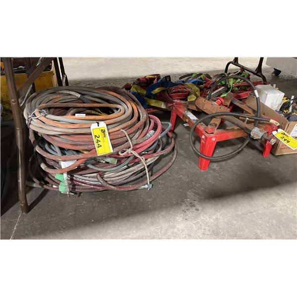 STACK OF ASSORTED INDUSTRIAL AIR HOSES & RED GAS STOCK POT BURNER