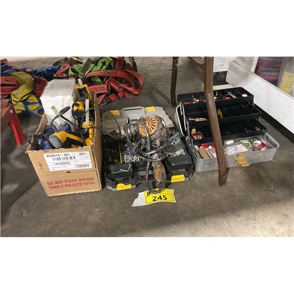 FISHING TACKLE BOX WITH CONTENTS, HARDWARE STORAGE BOX WITH CONTENTS, BOX OF ELECTRIC GLUE GUNS, &
