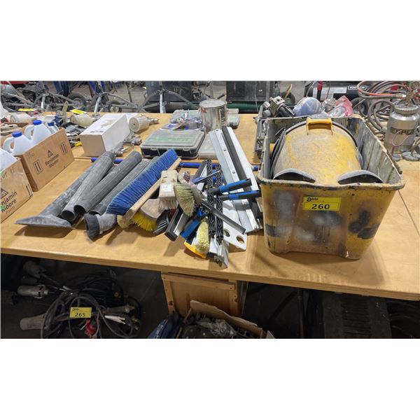 YELLOW ELECTRIC SHOP VACUUM WITH ASSORTED WANDS, BROOM HEADS, BRUSHES & SQUEEGEES