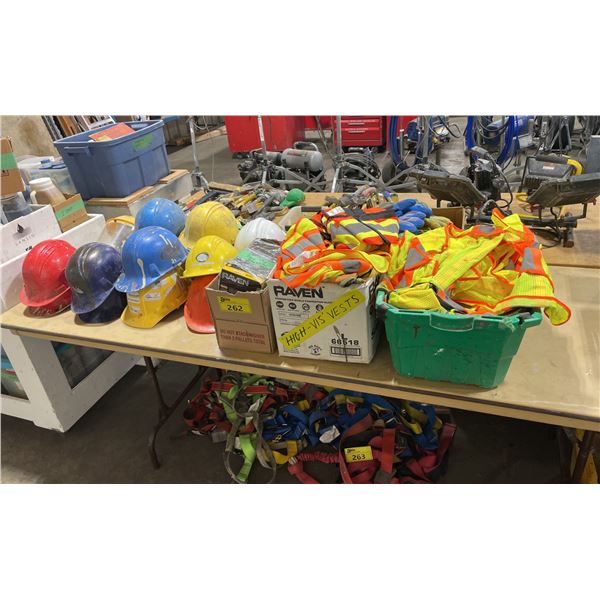 VARIOUS HARD HATS, SAFETY VESTS, GOGGLES, GLOVES, & RESPIRATOR FILTERS *GREEN BIN INCLUDED*