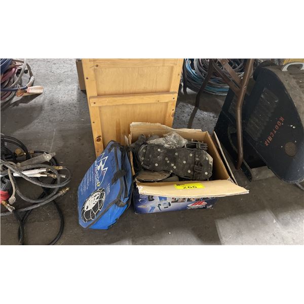 3.7MM LIGHT TIRE CHAINS IN SOFT TRANSPORT BAG, BOX OF ICE CLEATS, & WOODEN STORAGE CRATE